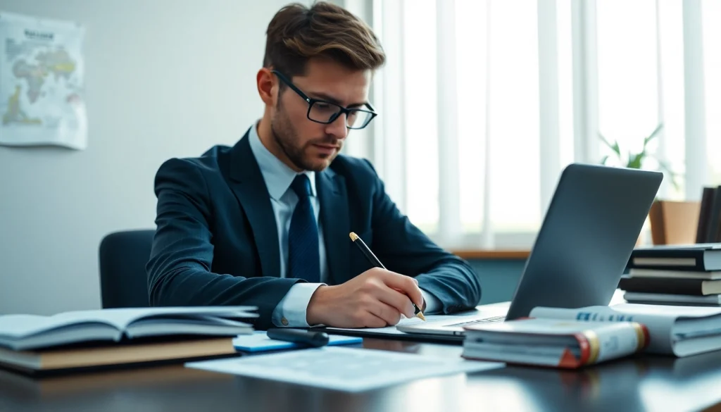 Soudní překladatel diligently translating legal documents, showcasing professionalism and expertise.