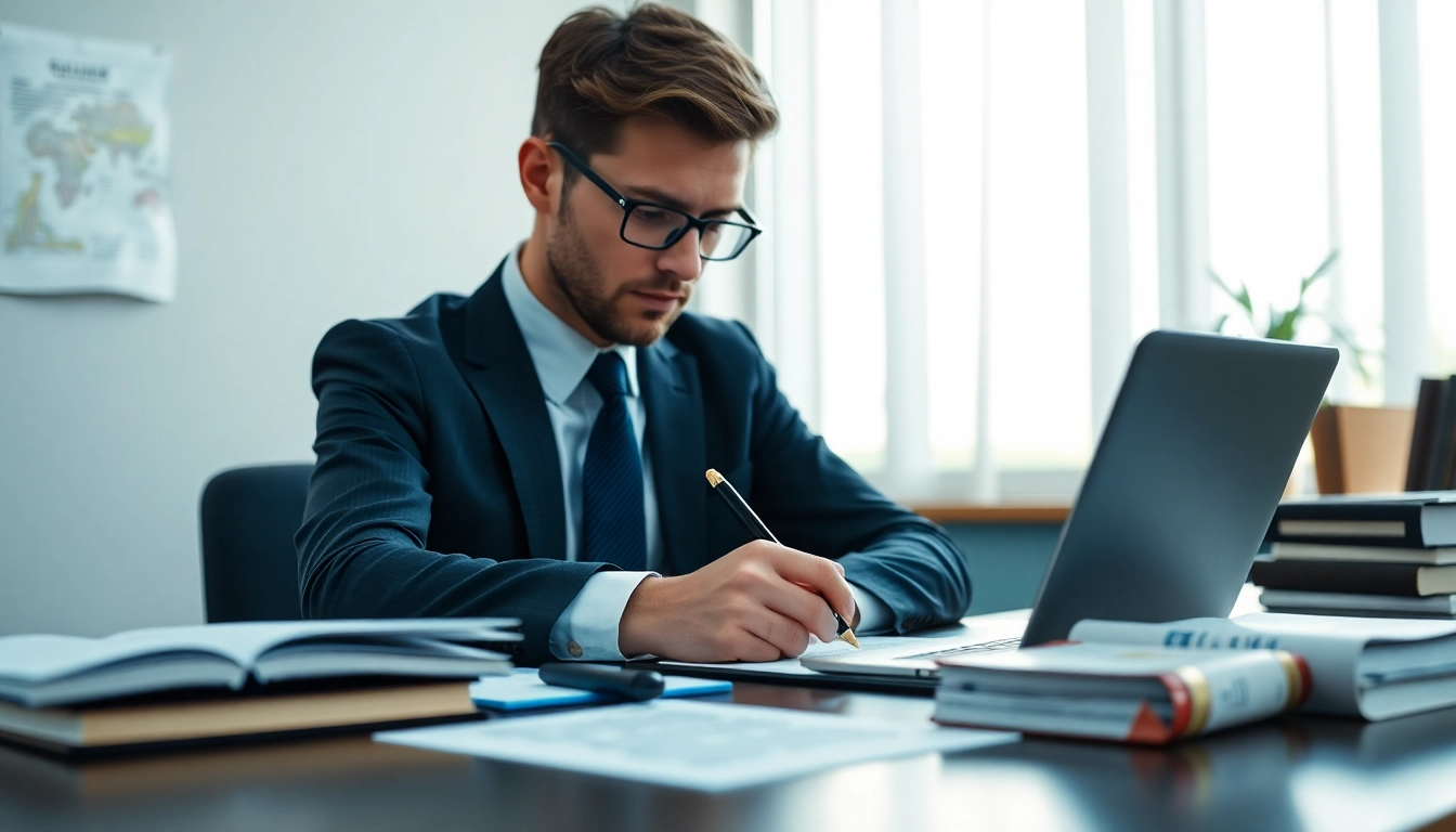 Soudní překladatel diligently translating legal documents, showcasing professionalism and expertise.