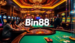 Experience high-stakes gaming at Bin88 casino with glamorous roulette and poker tables.