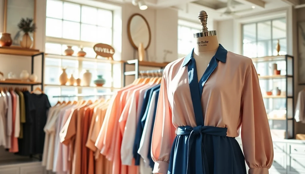 Rivelle clothing showcased elegantly in a bright boutique, highlighting sophistication and style.