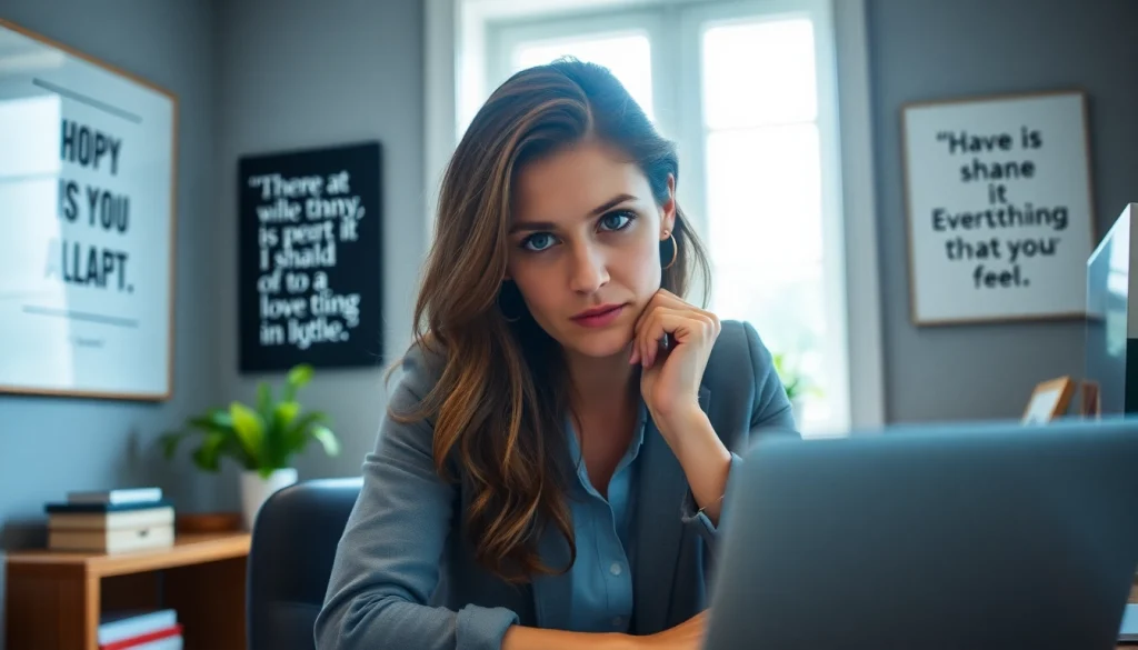 Woman reflecting on symptoms of brain fog in a bright office setting.