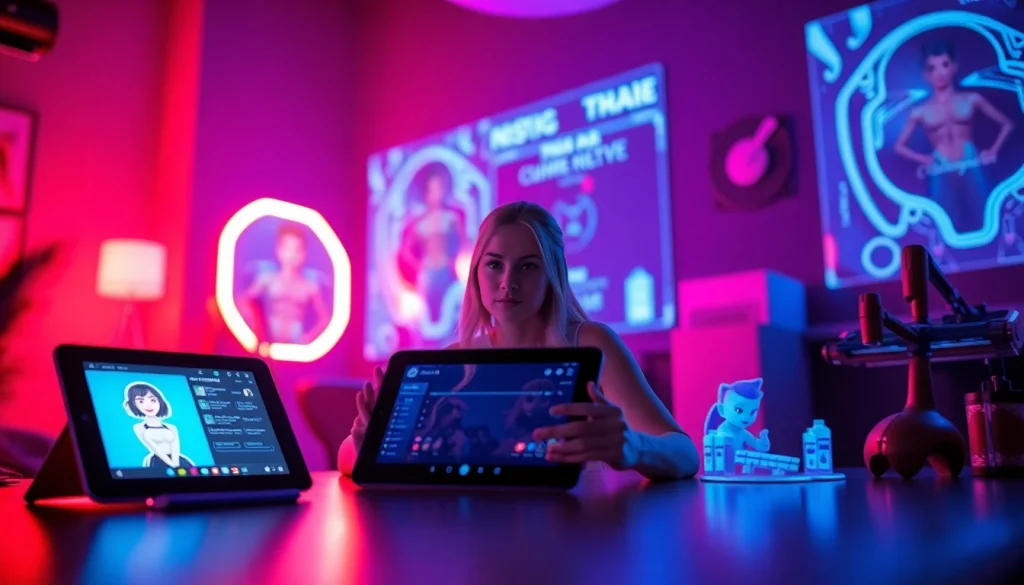 Engaging interaction with an nsfw character AI on a futuristic digital device.