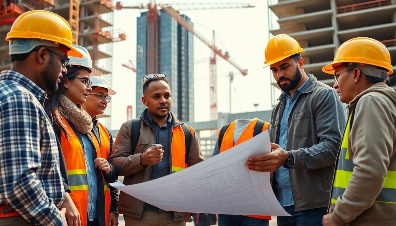 Engaged professionals in construction advocacy examining plans at a job site.