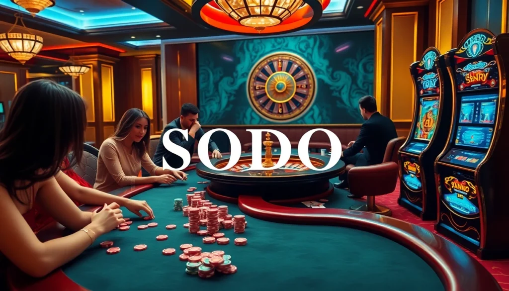 Gamblers enjoying an exciting game at SODO CASINO's lavish gaming table.