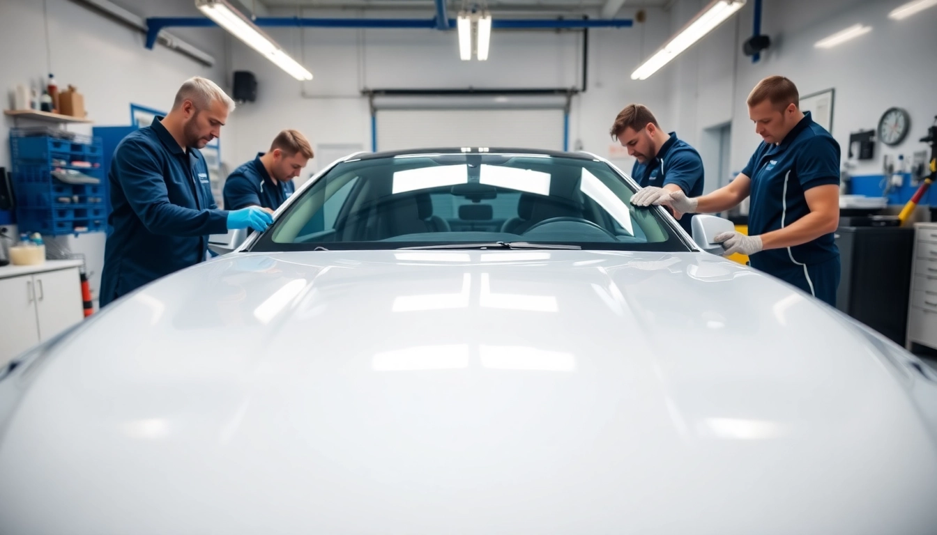 Get thorough car detailing near me with expert professionals working in a bright garage.