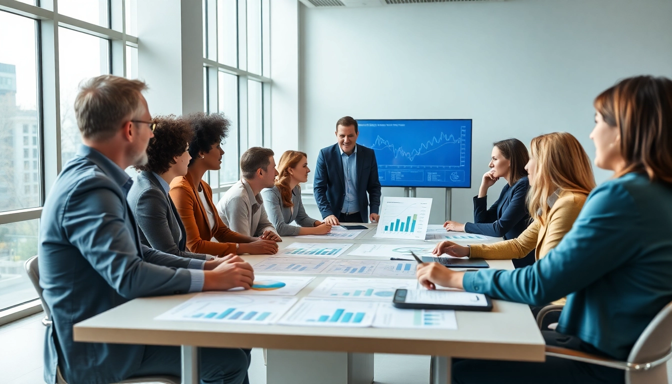 Discussing growth strategy trends in a collaborative business setting with charts and graphs.