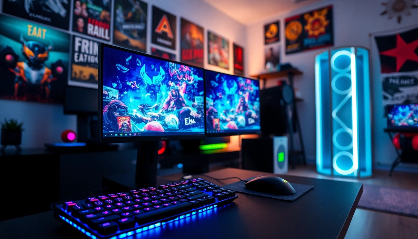 qq8821 menampilkan set gaming digital modern dengan monitor ganda dan pencahayaan RGB yang kuat.