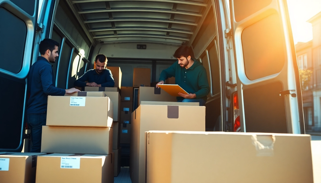 Office removals Telford team efficiently packing and moving boxes in a vibrant urban environment.