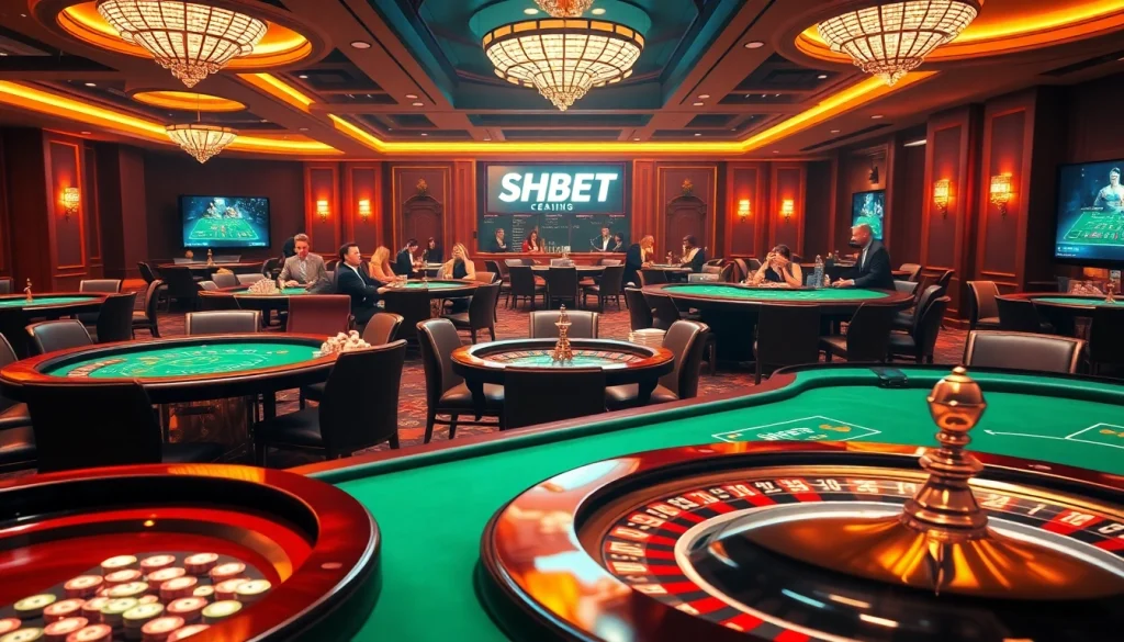 Excited players betting at SHBET high-end casino tables with vibrant colors and dynamic atmosphere.