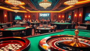 Excited players betting at SHBET high-end casino tables with vibrant colors and dynamic atmosphere.