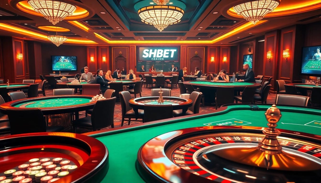 Excited players betting at SHBET high-end casino tables with vibrant colors and dynamic atmosphere.
