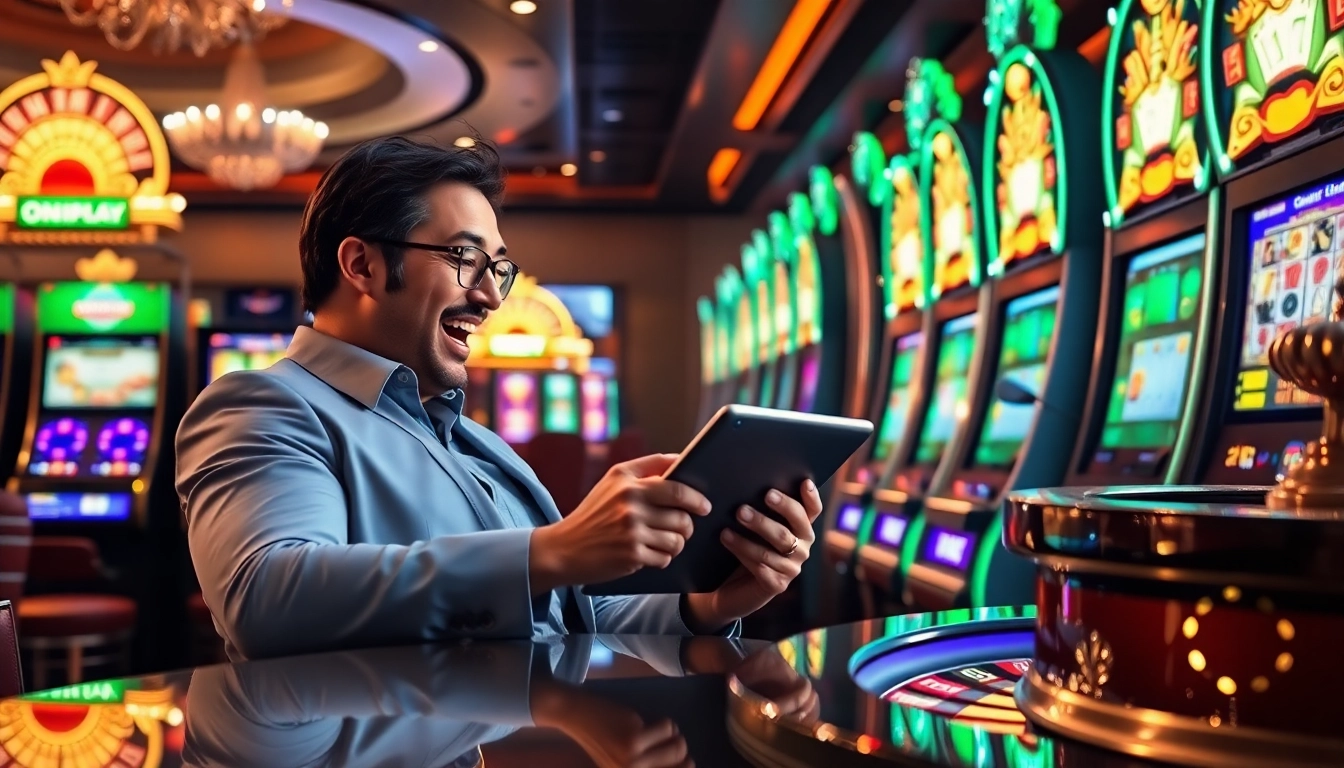 Engaged player on onicplay enjoying a game with vibrant slot machines in a luxurious casino setting.