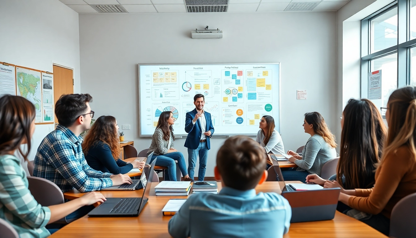 Dynamic education scene in a modern classroom showcasing student engagement.