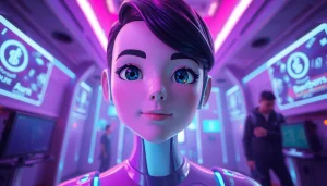 Engaging NSFW character AI interaction in a futuristic virtual environment.