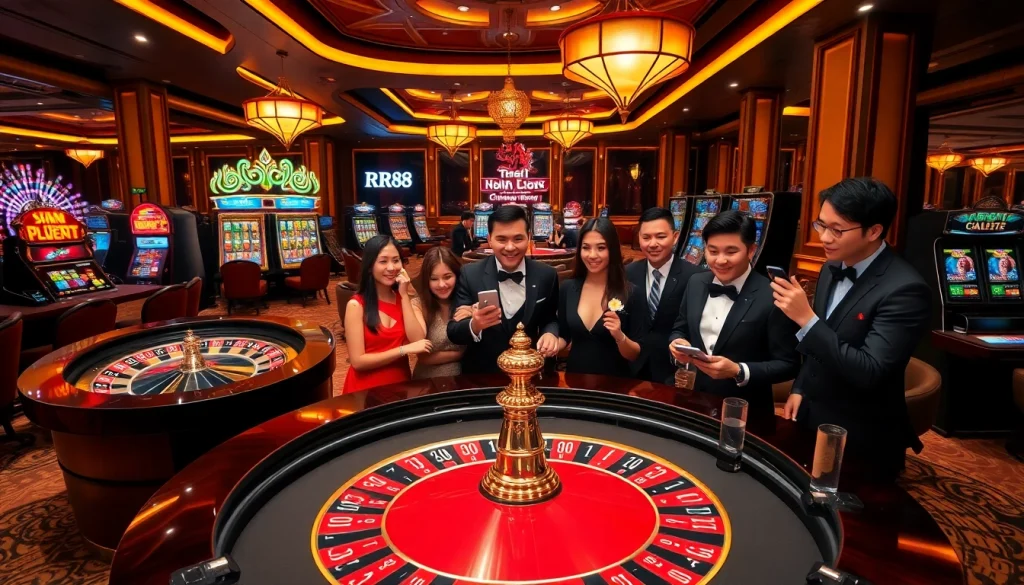 Engaging players celebrate their wins at the RR88 casino, surrounded by roulette wheels and vibrant slot machines.