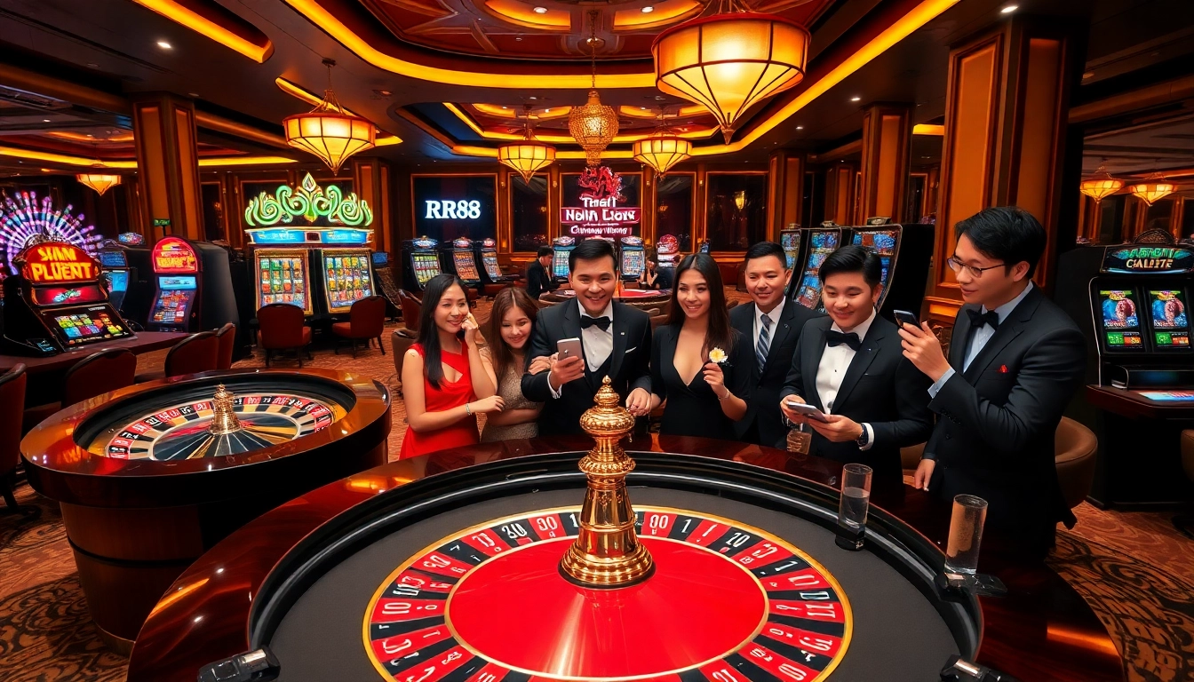 Engaging players celebrate their wins at the RR88 casino, surrounded by roulette wheels and vibrant slot machines.