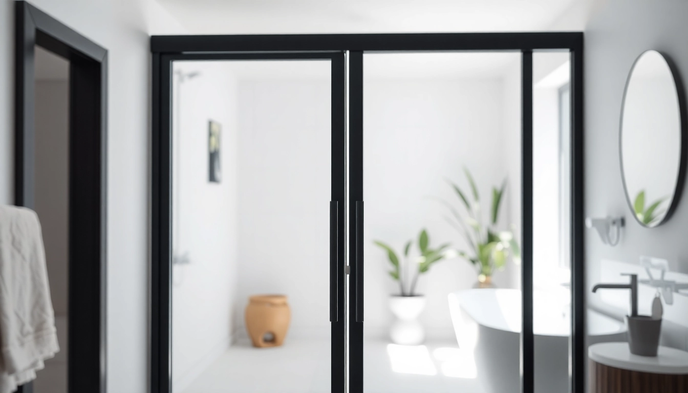 Stylish bathroom featuring a shower door black frame with elegant design details.
