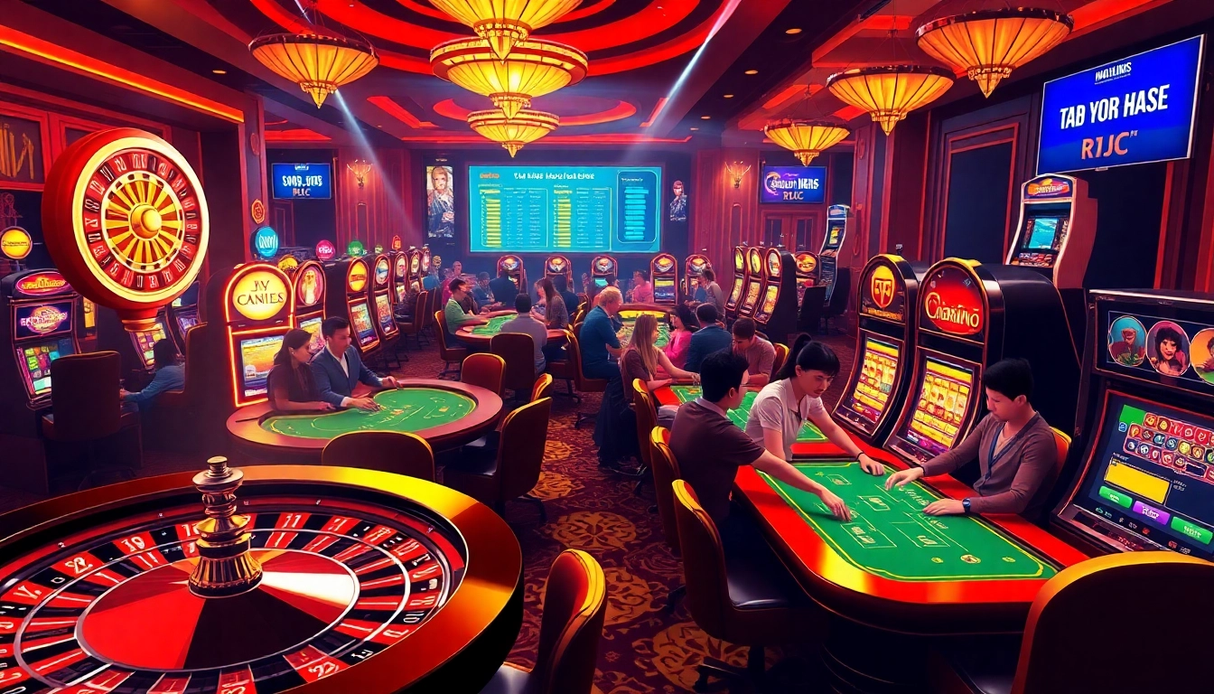 Experience thrilling gameplay at KJC casino, featuring poker tables and dynamic slot machines.