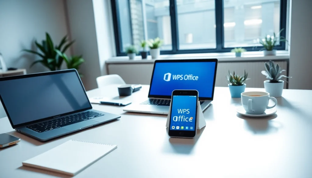 在多设备的现代化工作空间中展示 WPS Office 应用程序。