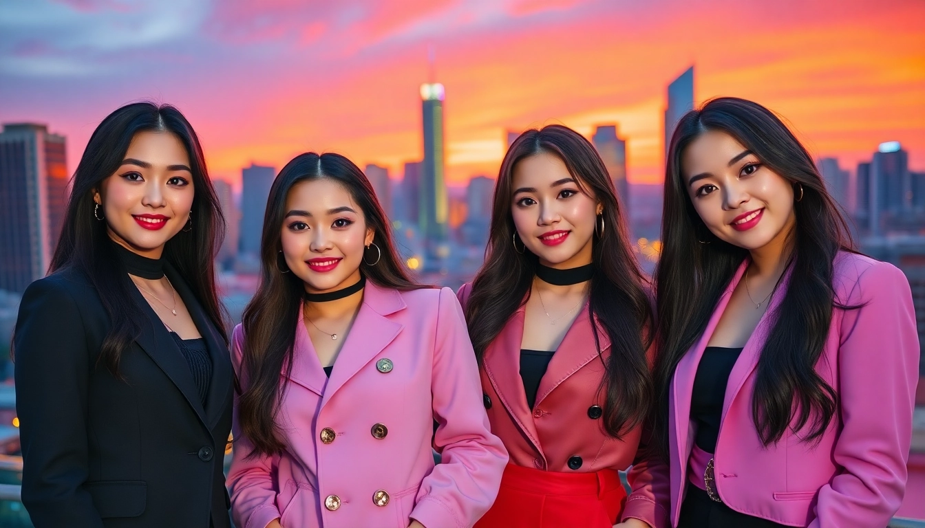 blackpink members posing stylishly against a vibrant city sunset background