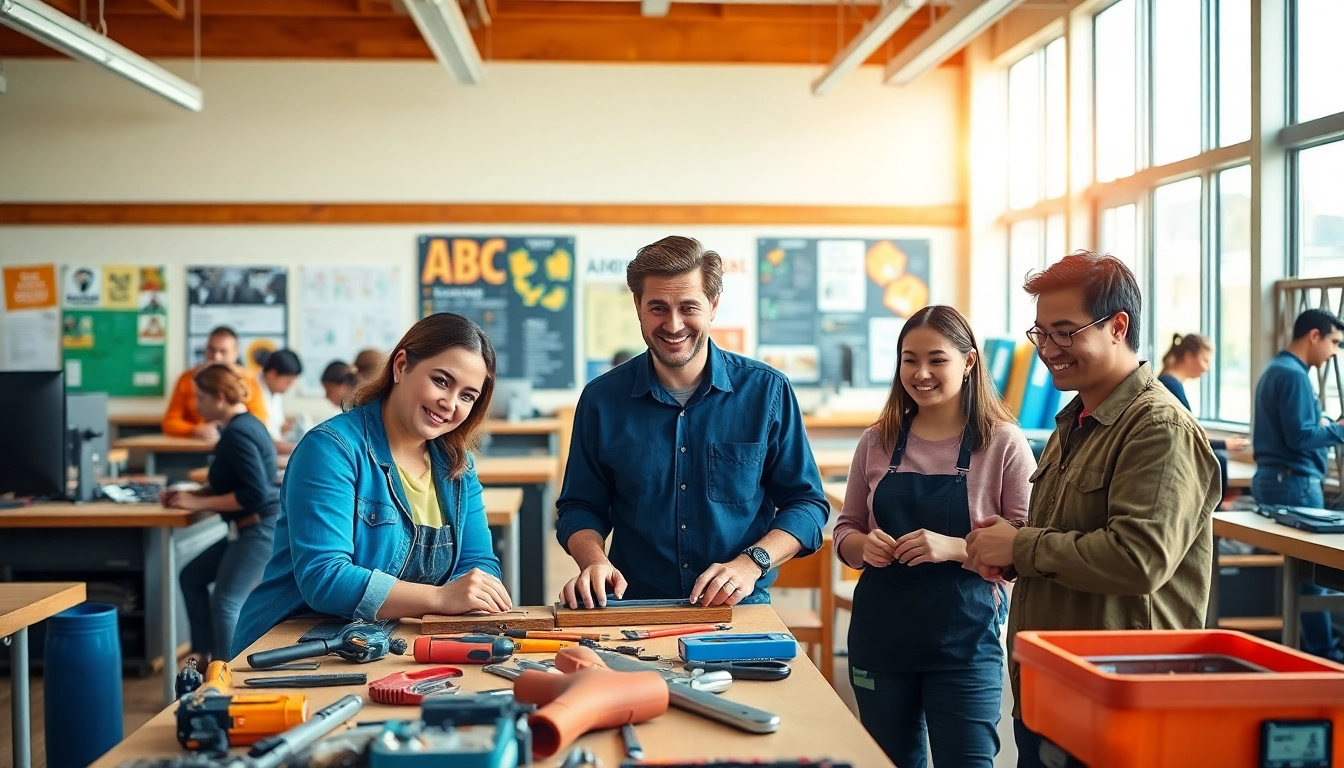 Students learning practical skills at an abc trade school in a bright and engaging classroom.
