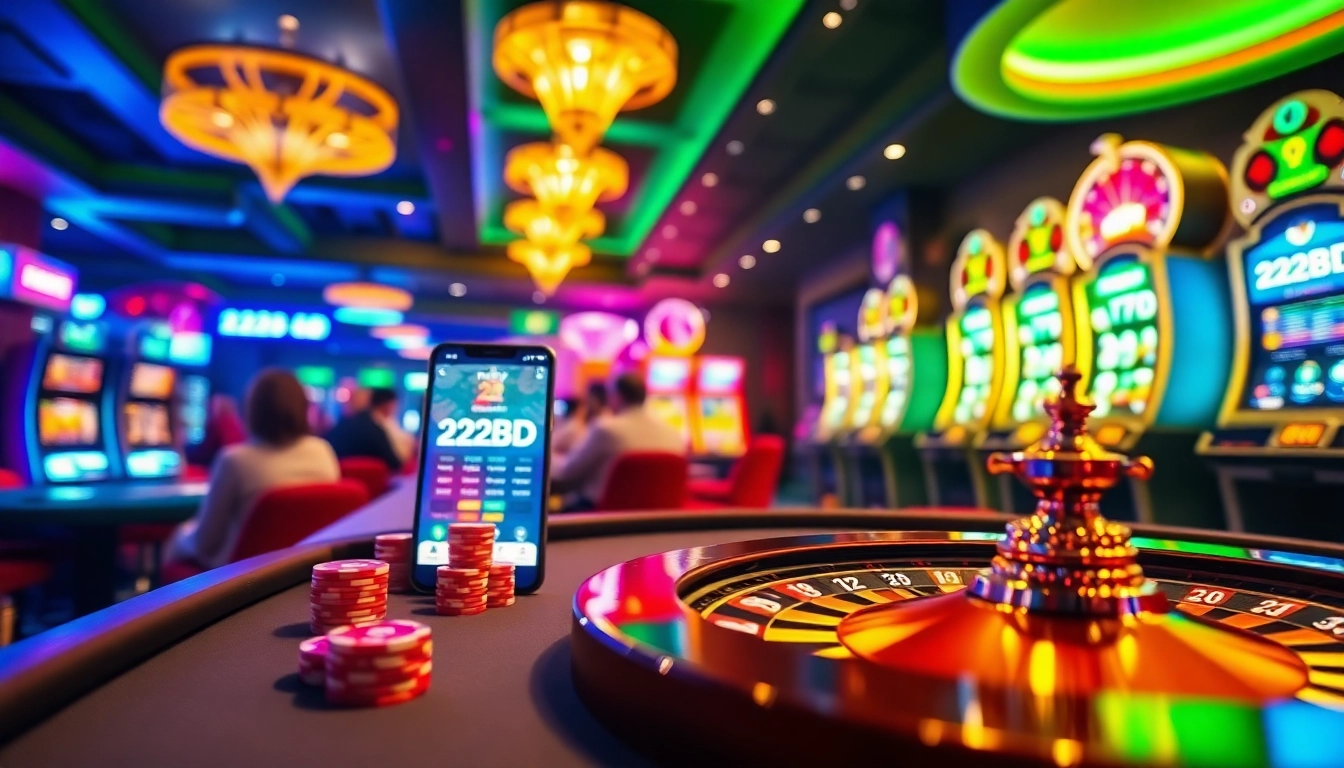 Engage in thrilling casino gaming with 222BD, featuring a poker table, vibrant chips, and a roulette wheel.