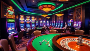 Adegan permainan yang dinamis menggambarkan Slot Depo 1K dengan para pemain menikmati mesin slot dan meja poker.