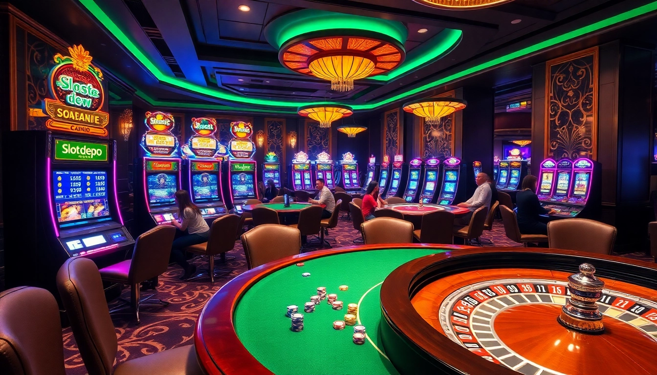 Adegan permainan yang dinamis menggambarkan Slot Depo 1K dengan para pemain menikmati mesin slot dan meja poker.