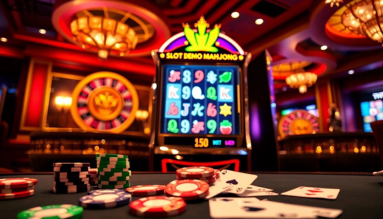 Adegan menawan dari mesin slot demo Mahjong yang penuh warna di kasino mewah dengan cip poker.
