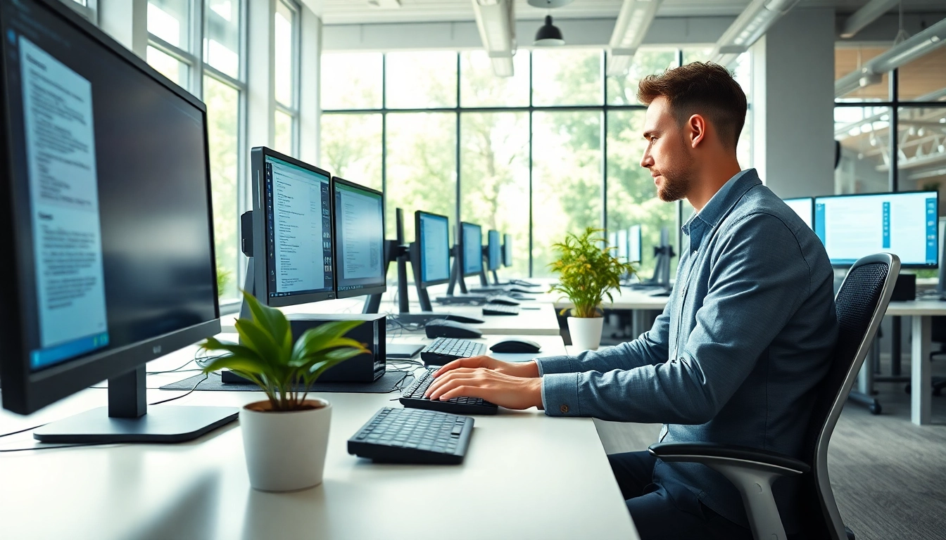 Typing center featuring a professional typist working efficiently in a modern workspace.