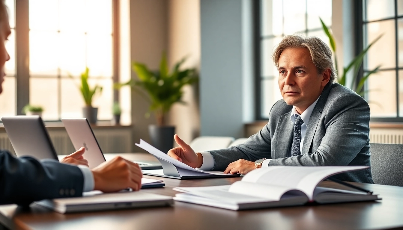 A real estate lawyer consulting clients in a professional office, exuding trust and reliability.