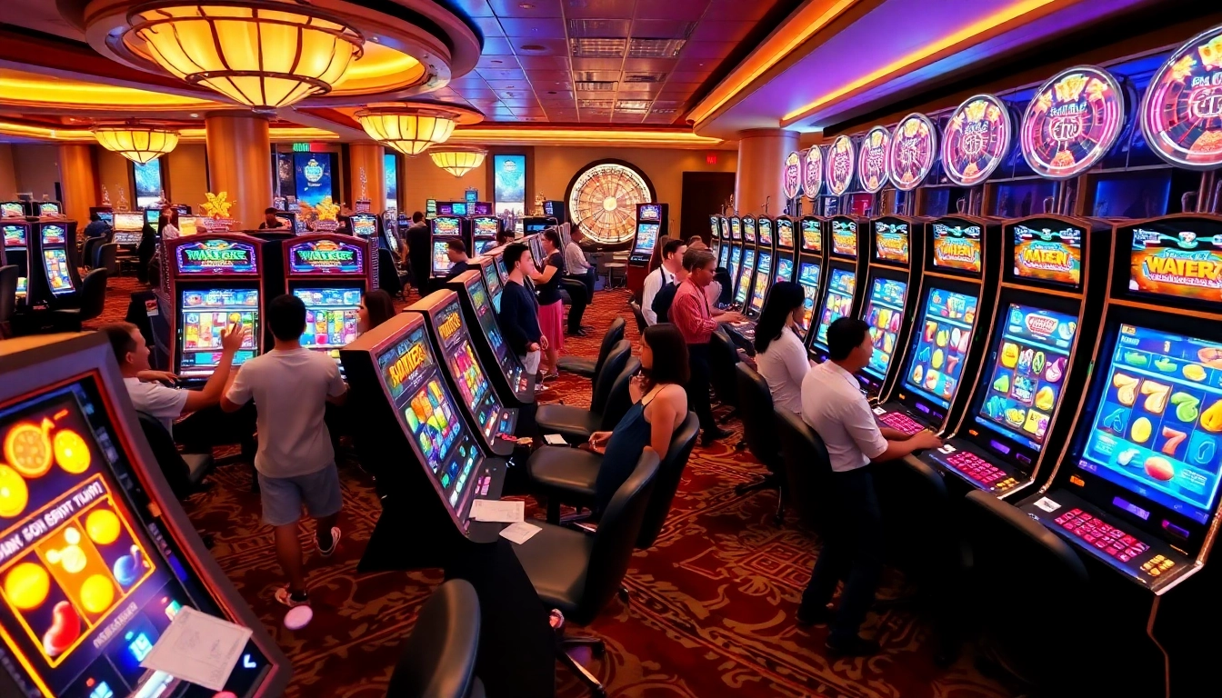 Para pemain menikmati slot deposit pulsa tanpa potongan pada mesin slot berwarna-warni di kasino mewah.