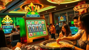 Para pemain menikmati slot deposit pulsa tanpa potongan di kasino mewah, menampilkan kegembiraan dan momen kemenangan.