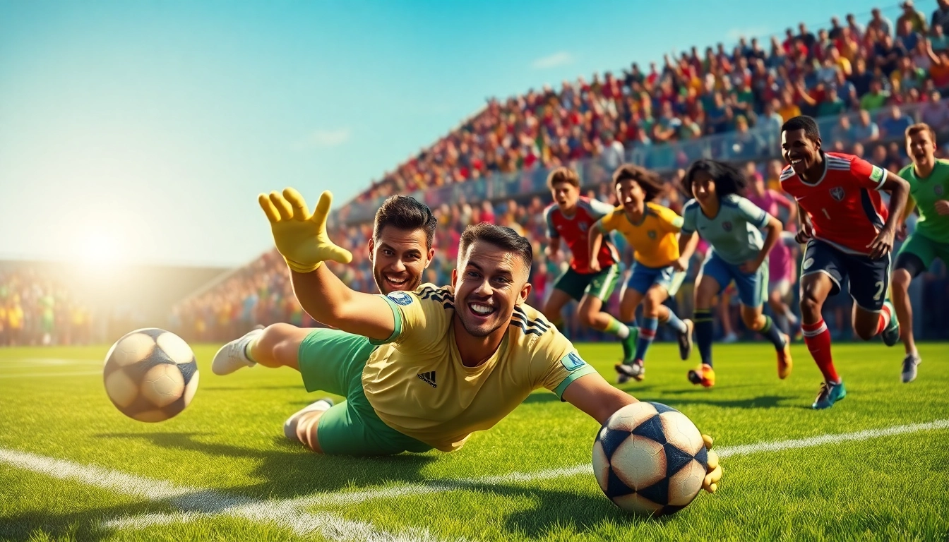 Exciting moment from a soccer match illustrating บ้านผลบอล888 in action with a diving goalkeeper.