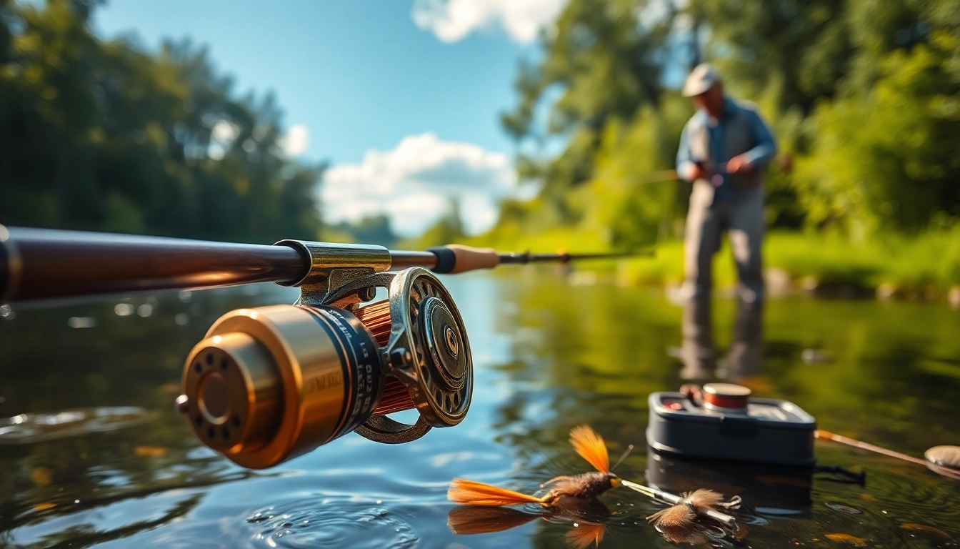 Angler using Fly fishing combo by a calm river under bright blue sky.