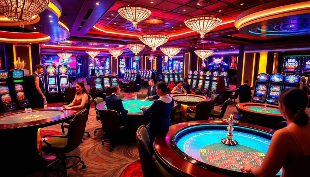 Thu hút người chơi trong một cảnh sòng bạc đầy sống động, thể hiện trải nghiệm chơi game tại https://luck8.net với bàn poker, máy đánh bạc và sự hứng khởi.