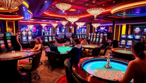 Thu hút người chơi trong một cảnh sòng bạc đầy sống động, thể hiện trải nghiệm chơi game tại https://luck8.net với bàn poker, máy đánh bạc và sự hứng khởi.