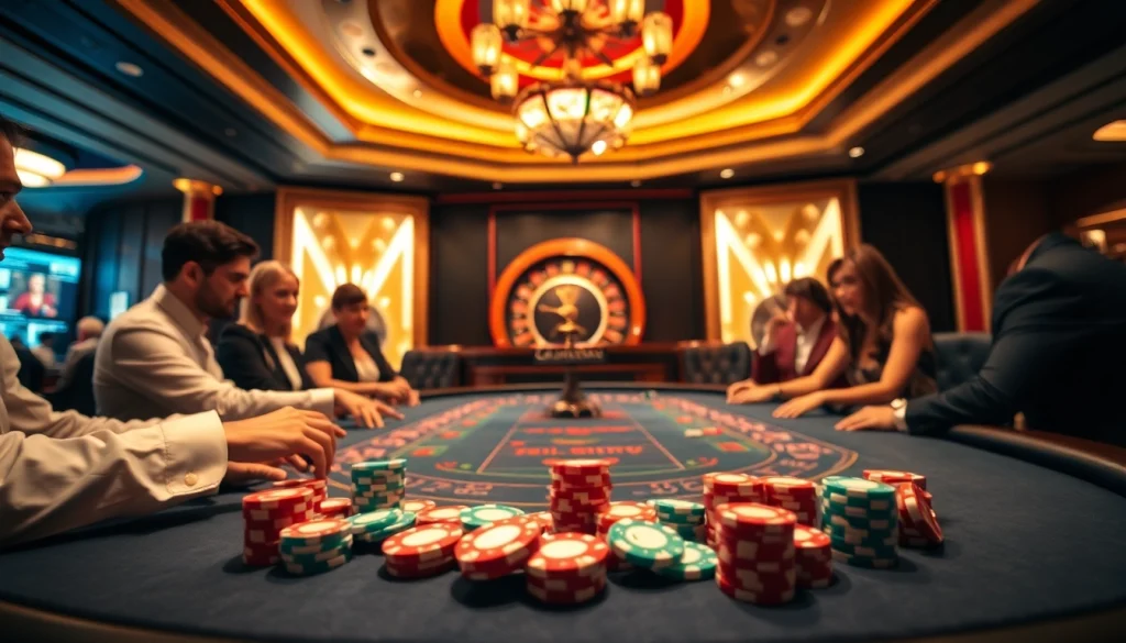 Players enjoying a vibrant poker game at a casino, inspired by https:/sc88.bz/ for thrilling gambling.