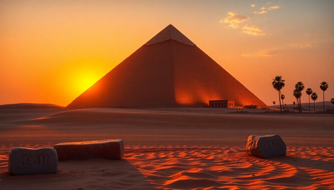 Magnificent pyramids situated under a colorful sunset, emphasizing the grandeur of piraminds.