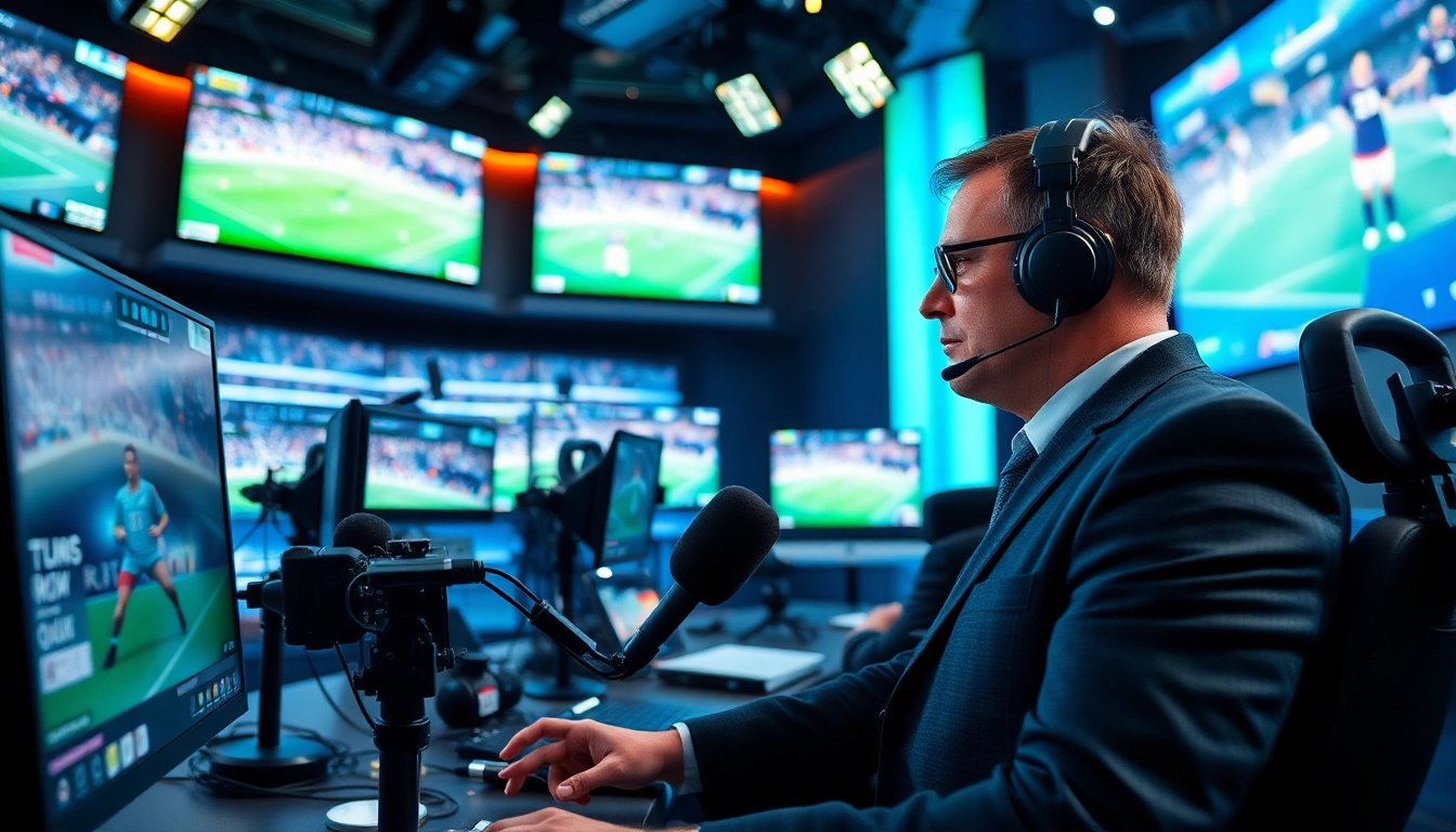 Engaging sports broadcasting scene highlighting lively commentary during events.