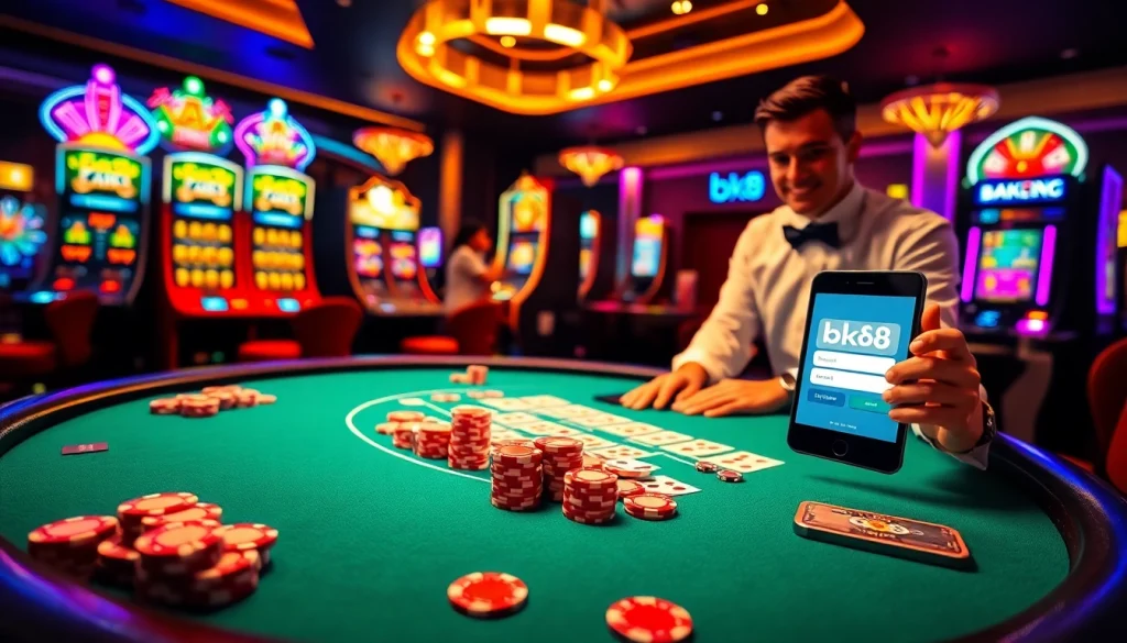 Engaging casino scene showcasing bk8 login on a mobile device amidst vibrant gaming tables and slot machines.