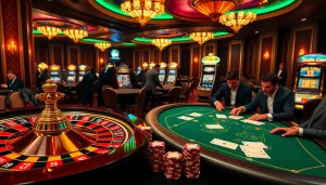 Trải nghiệm sự hứng khởi của cờ bạc tại https://luck8.com với cảnh sòng bạc sống động có các chip poker và bàn roulette.