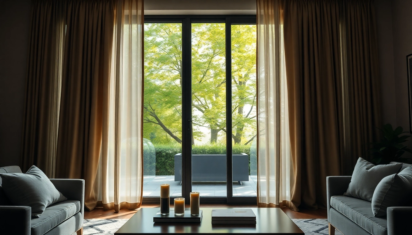 Verduisterende gordijnen die elegant over een raam draperen in een moderne woonkamer