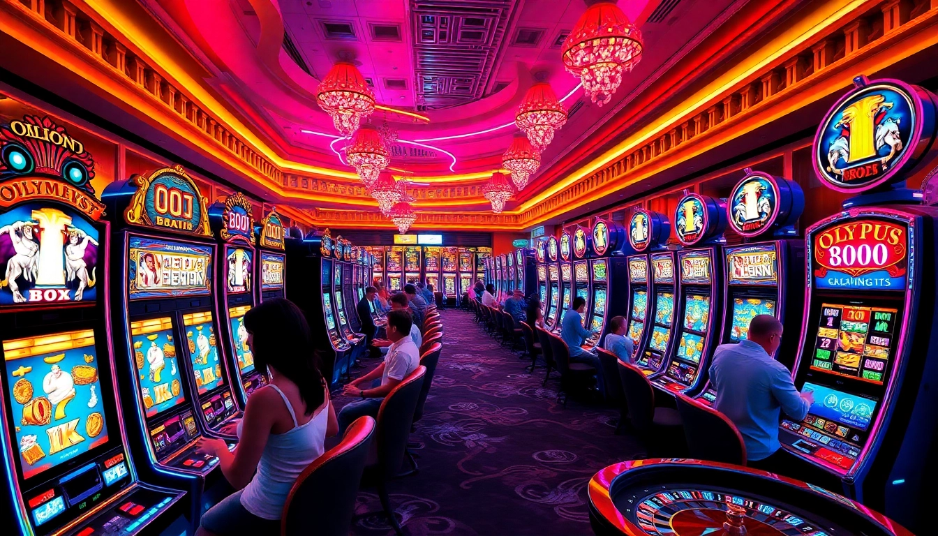 Experience the excitement of Olympus 1000 in this vibrant casino scene, featuring slot machines and eager players.