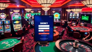 Engaging scene with SBOBET login interface among vibrant casino gaming elements.