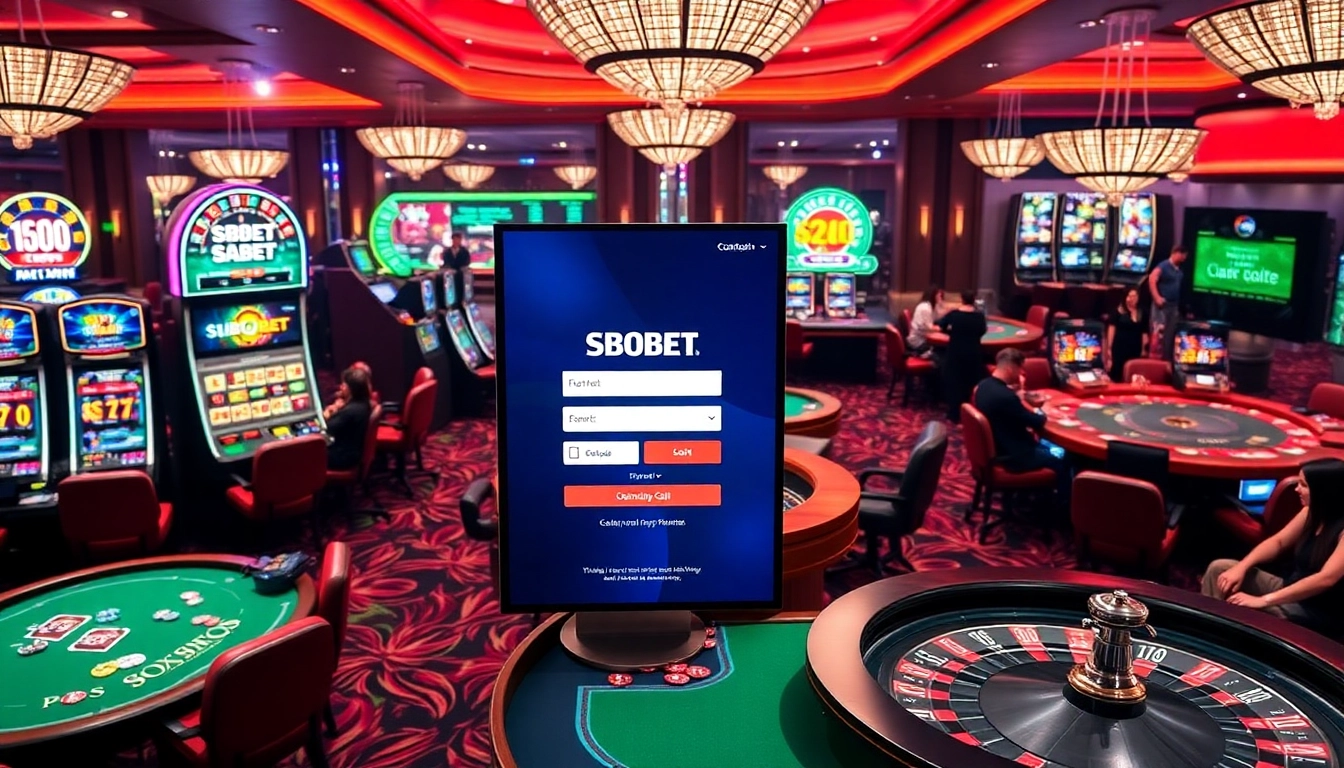 Engaging scene with SBOBET login interface among vibrant casino gaming elements.