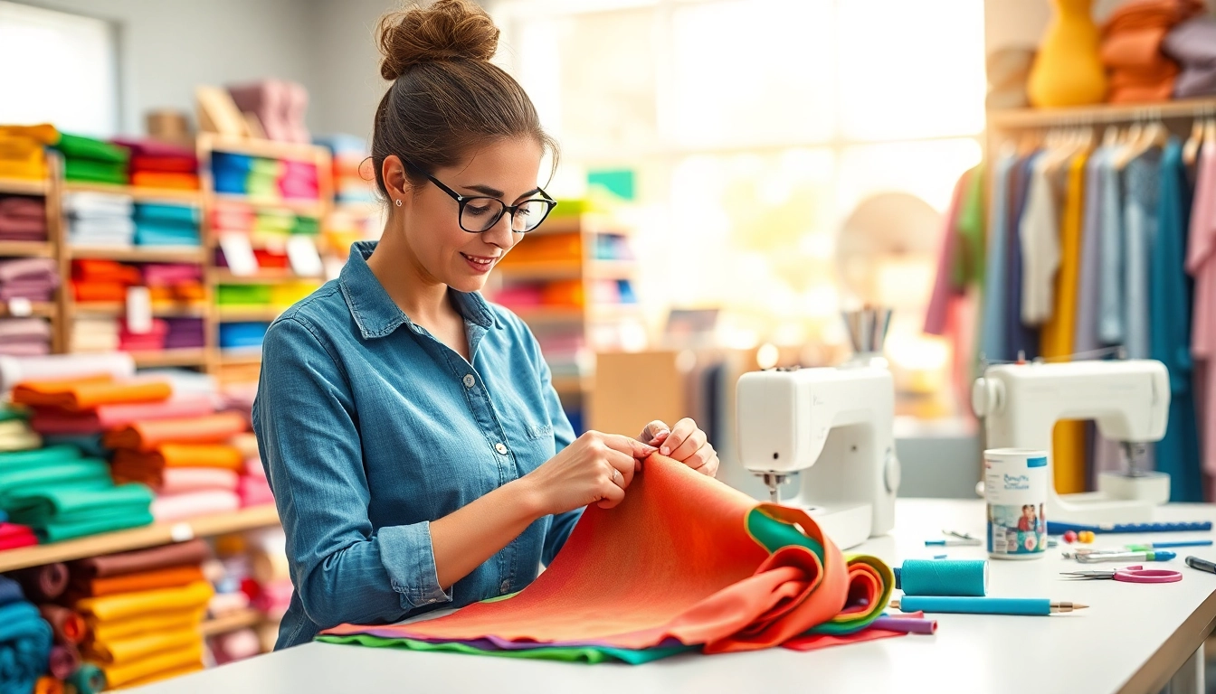 Maak stoffen voor kleding maken met een ervaren naaister die aan kleurrijke stoffen werkt.