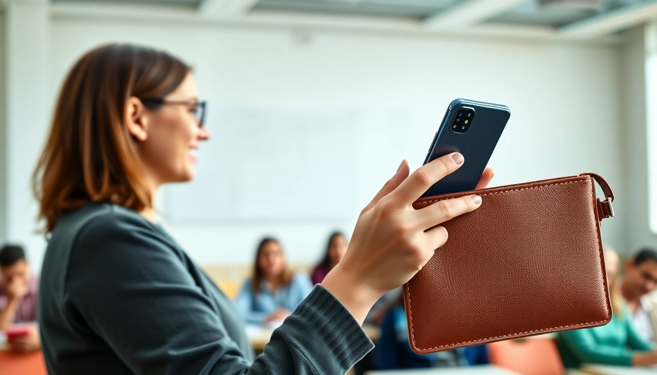 Präsentation einer Handytasche Lehrer in einem Klassenzimmer mit stilvollem Design.