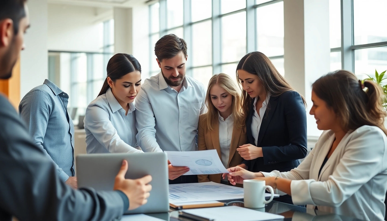 Enhance contract management efficiency with professionals collaborating in a modern office.