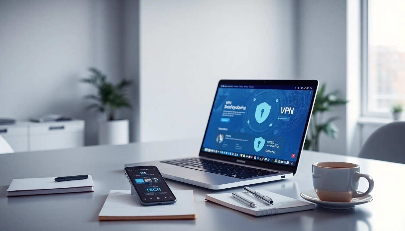 在明亮工作区的现代笔记本电脑上显示的快连 VPN 界面。